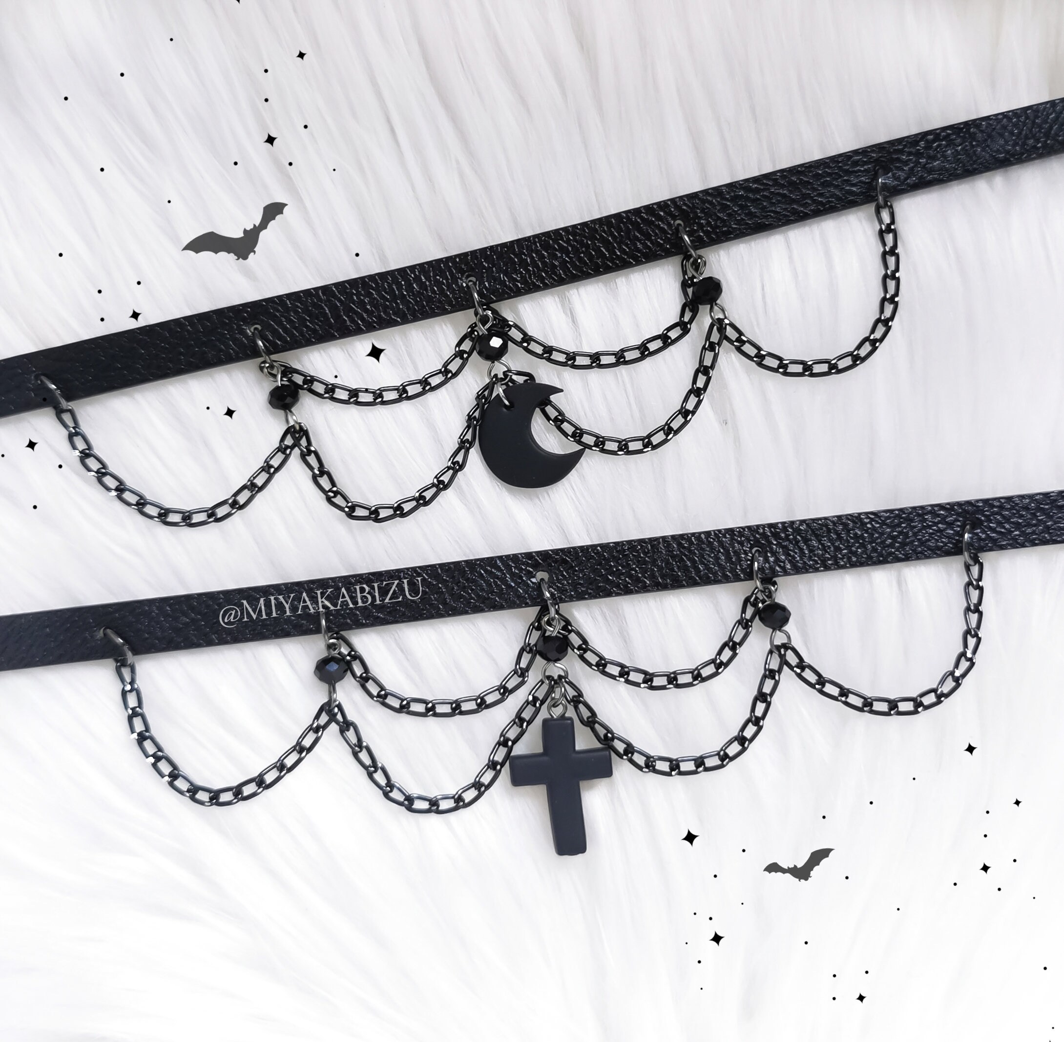 Gothic Moon Choker, Black Collar With Chain, Pastel Goth