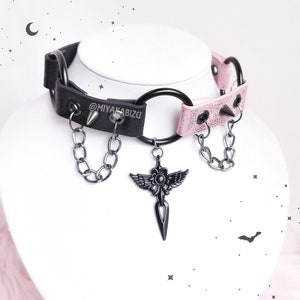 Pastel goth choker with oring spikes, Dual kawaii chained collar, Harajuku Decora Menhera Necklace, Cute gothic jewelry, cosplay accessory
