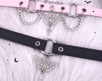 Moth Choker Necklace, Pink Leather O-Ring Collar, Gothic Lolita Jewelry Handmade, Jirai Kei Style