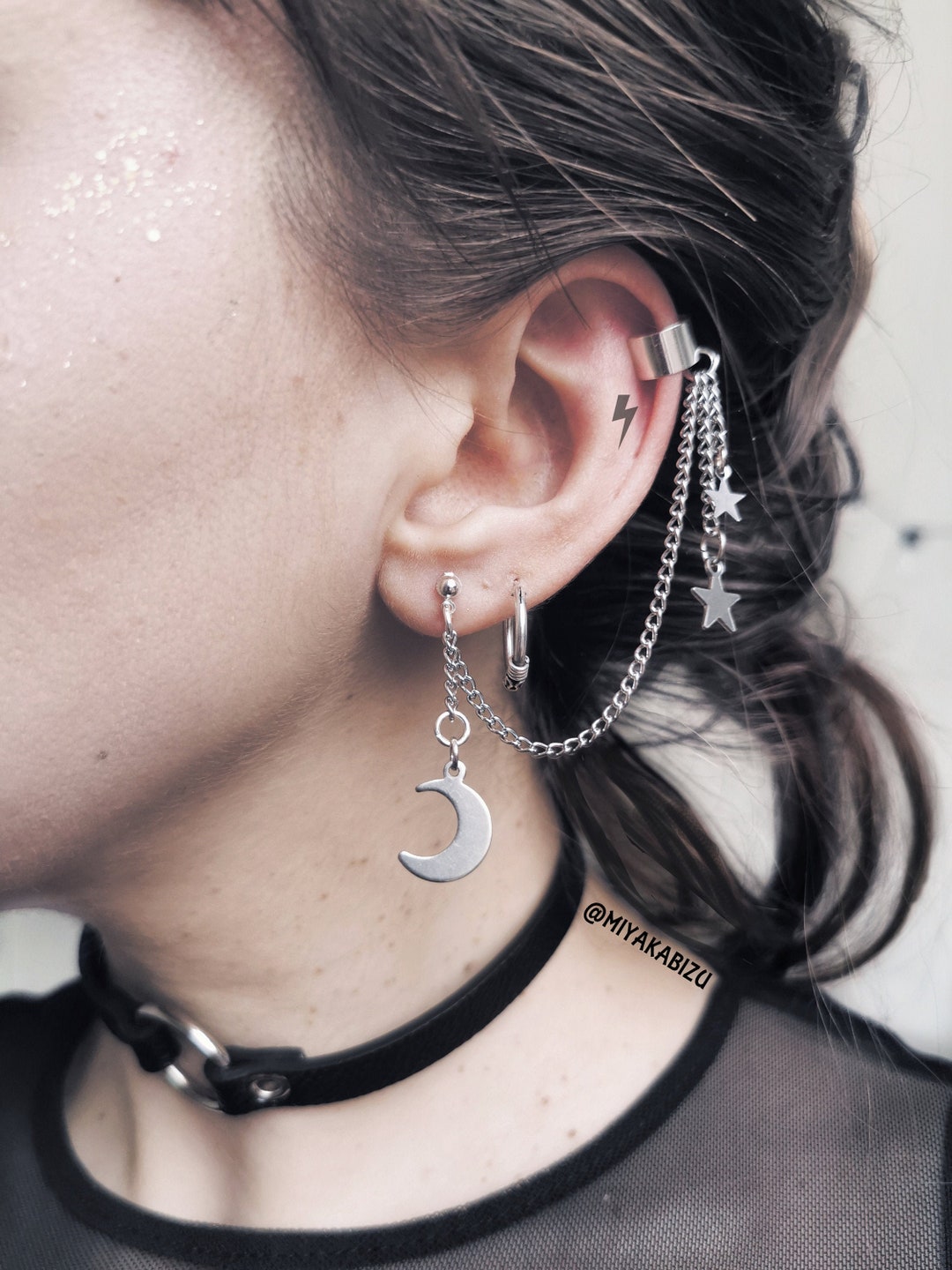 Moon Ear Cuff With Stars Chain GRUNGE Aesthetic Stainless