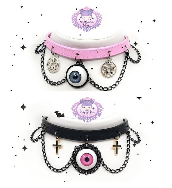 EYES Pastel Goth Halloween Choker With Chain Collar Alternative Eco Leather  