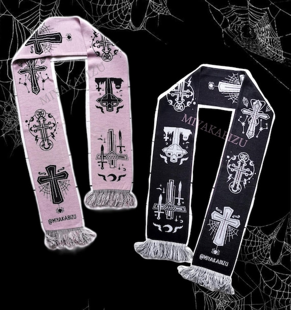 Gothic long scarf, pastel goth cross shawl, creepy cute kawaii accessories, mehera harajuku jirai kei emo alt clothes, winter christmas goth