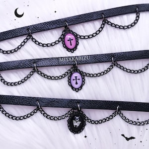 Pastel goth Chained Choker, Cameo Cross Collar, Jirai kei Kawaii Menhera Lolita Harajuku Jewelry, Fairy Core Necklace, Y2K Grunge Accessory