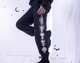 Pantalon de survêtement gothique imprimé croix/jogging unisexe punk emo/vêtements Harajauku Yume Kawaii/mode alternative