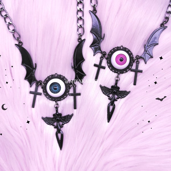 EYES collier d’Halloween goth pastel avec joint torique croisé ailes de chauve-souris, bijoux roses creepycute, harajuku mignon, menhera, kawaii, gothique, altcore