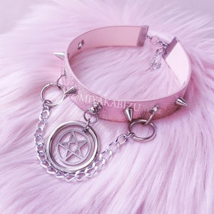 Pink Pastel Goth Choker with Pentagram Oring Chain Spikes. Kawaii Menhera Harajuku Collar. Cute Gothic Grunge Coquette Witch Alter Jewelry