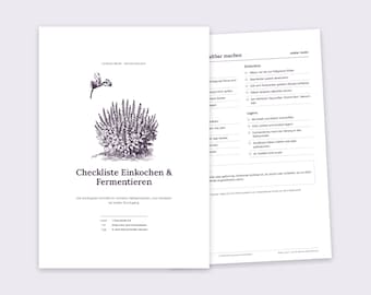 Printable checklist for canning and fermenting, safe preservation, copperplate engraving, A4 PDF