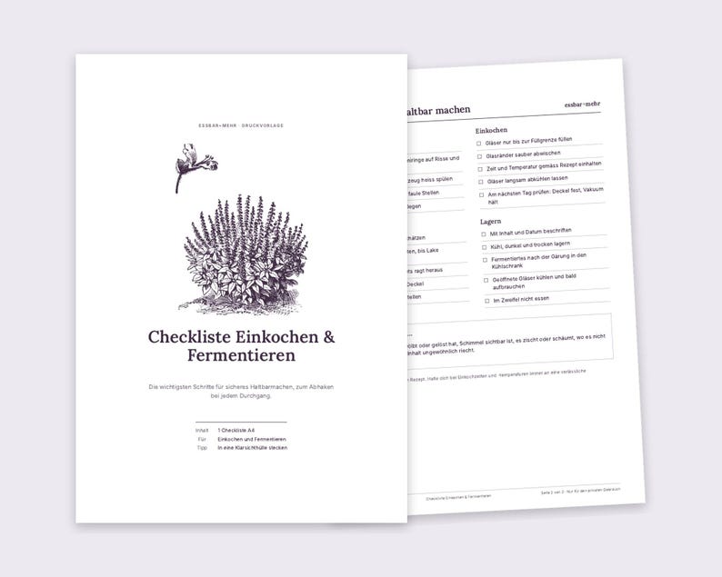 Lista de verificación imprimible para enlatado y fermentación, conservación segura, grabado en cobre, PDF A4 imagen 1
