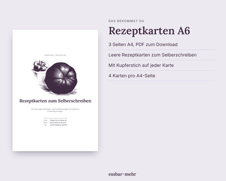 Rezeptkarten zum Ausdrucken, Vintage Kupferstich, Einmachen & Fermentieren, A6 PDF, Deutsch image 3