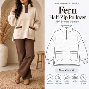 Half Zip Pullover Sewing Pattern | Women’s Oversized Sherpa Sweatshirt | Zip Up Sherpa Sweater PDF | Sizes XS–4XL | Digital Sewing Pattern