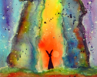 Der Weg der Mondsteine - Handgemaltes Original-Aquarellgemälde - Hase, stehende Steine, Mond und Sterne