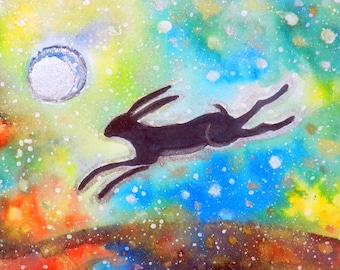 Starlight Hare Blank Greetings Card, Hare, Moon, Earth, Aurora Borealis