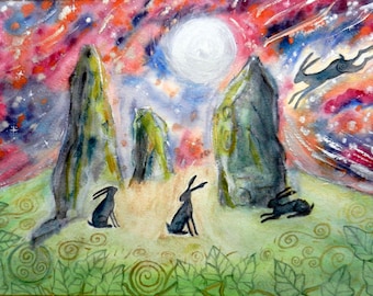 Moon over Callanish, Land of the Ancestors - Original Watercolour and Ink Painting - Callanish Stones, Hares, Aurora Borealis and Full Moon