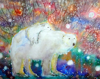 May include: Watercolor painting of a polar bear with a cub on its back, set against a colorful, abstract background. The bears are white with yellow accents, and the background features splashes of red, blue, and green, with white speckles.