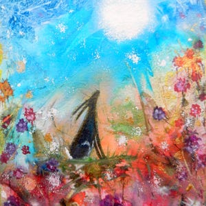 May include: An abstract painting featuring a black hare silhouette gazing upwards towards a bright white circle, possibly the sun. The background is a blend of blue, orange, and green hues, with colorful flowers in the foreground.