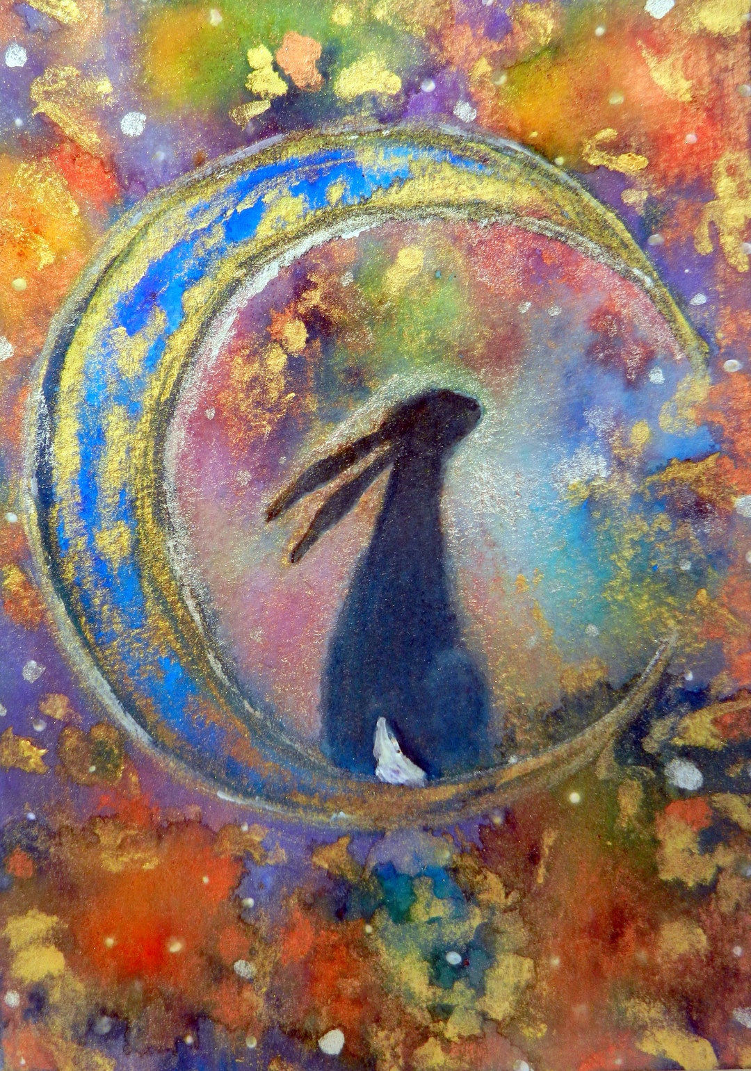Hare in the Moon - Blank Greetings Card, Hare, Crescent Moon and Stars ...