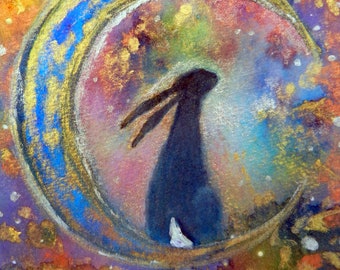 Hare in the Moon - Blank Greetings Card, Hare, Crescent Moon and Stars