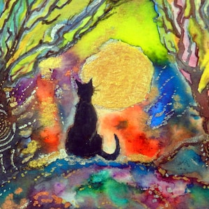 Lune à travers la forêt - Carte de voeux vierge, Chat noir, Forêt, Lune
