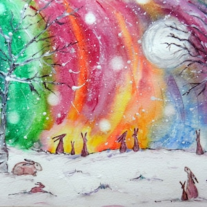 Lièvres d'hiver - carte de voeux vierge - lièvres dans la neige, bouleaux, pleine lune et aurore boréale
