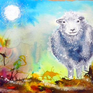 May include: A watercolor painting of a fluffy white sheep standing in a vibrant field. The background features a bright blue sky with a white sun, while the foreground is filled with abstract splashes of yellow, orange, and green paint.