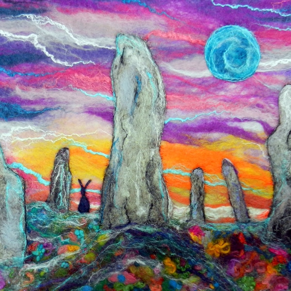 Moonrise over Callanish - Blank Greetings Card, Callanish Standing Stones, Hare and Full Moon