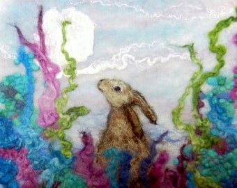 Little Winter Moongazer - Blank Greetings Card, Moon Gazing Hare in Winter