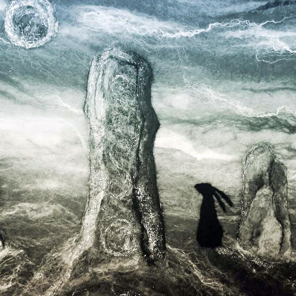 Winter Solstice - Blank Greetings Card, Standing Stones, Hare and Full Moon in Winter