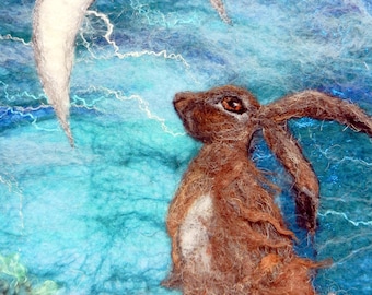 Winter Moon Gazing Hare Greetings Card: Moon Gazing Felt Art Printed Card