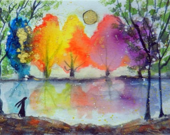 Reflets - aquarelle originale peinte à la main - lièvre, arbres, soleil