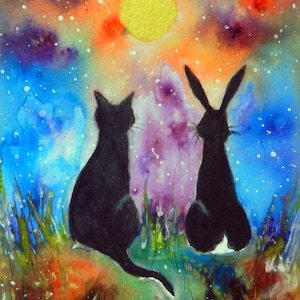 Une nuit au clair de lune - carte de voeux vierge, chat noir, lièvre, lune et étoiles