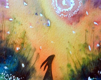 Mellow Summer Moon - Hand Painted Original Watercolour, Hare, Moon, Wildflower Meadow and Stars