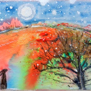 L'arbre magique - Carte de voeux vierge, lièvre, arbre dans le paysage avec lune