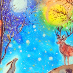 Guardians of the Moon and Sun Blank Greetings Card, Hare, Stag, Moon, Sun, Trees, Stars