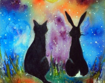 One Moonlit Night - Original Watercolour Painting, Black Cat, Hare, Moon, Stars