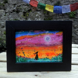 Moon over the Meadow - Original Watercolour and Ink Painting in Black Frame, Hare and Moon