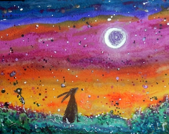 Moon over the Meadow - Blank Greetings Card, Hare and Full Moon