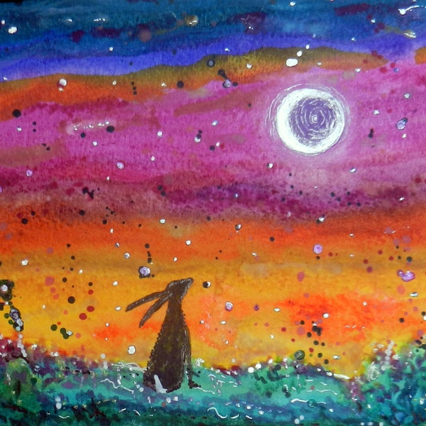 Moon over the Meadow - Blank Greetings Card, Hare and Full Moon