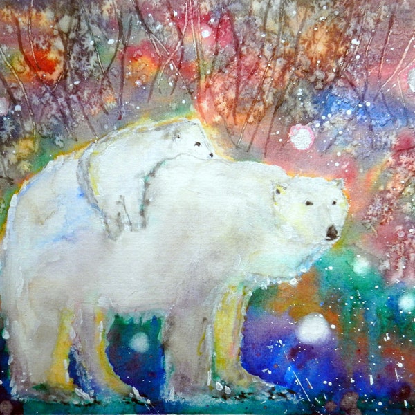 Deep Winter Love - Blank Greetings Card, Polar Bear and Cub, Aurora Borealis, Arctic Winter