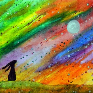 Aurora Magie - Grußkarte, mystischer Hase, Aurora Borealis und Vollmond