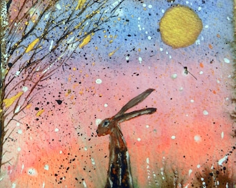 Hare in Autumn - Blank Greetings Card, Brown Hare, Tree, Autumn Moon