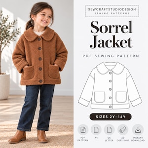 May include: A brown, long-sleeved, textured fleece jacket with a rounded collar, five front buttons, and two patch pockets. The image includes a technical line drawing of the Sorrel Jacket PDF sewing pattern in sizes 2Y-14Y.