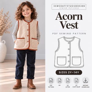 May include: A beige sherpa fleece vest with brown trim, a button-front closure, and two front pockets. The image includes a technical line drawing of the vest labeled Acorn Vest, PDF Sewing Pattern, and sizes 2Y-14Y with file format icons.