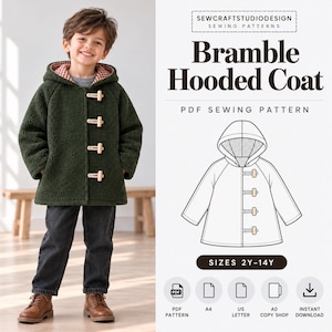 May include: A dark green hooded coat with a red and white checkered lining and four light-coloured toggle closures. The text reads SEWCRAFTSTUDIODESIGN SEWING PATTERNS Bramble Hooded Coat PDF SEWING PATTERN SIZES 2Y-14Y PDF PATTERN A4 US LETTER A0 COPY SHOP INSTANT DOWNLOAD.