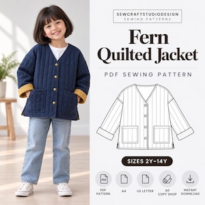 May include: A navy blue quilted jacket with a V-neck, brass buttons, and yellow polka-dot cuffs. The text reads SEWCRAFTSTUDIODESIGN SEWING PATTERNS, Fern Quilted Jacket, PDF SEWING PATTERN, SIZES 2Y-14Y, PDF PATTERN, A4, US LETTER, A0 COPY SHOP, INSTANT DOWNLOAD.