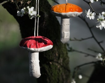 Set of Red Velvet Toadstool Decorations - Velvet mushroom ornaments - cottagecore - hanging decorations, autumn decor