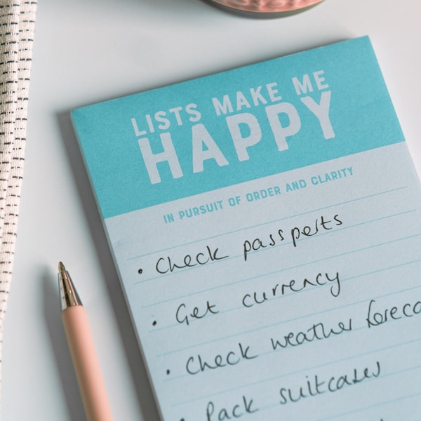 Lists Make Me Happy List pad - Uplifting To Do List Notepad - Shopping List Notepad - orgainisation pad, list pad,
