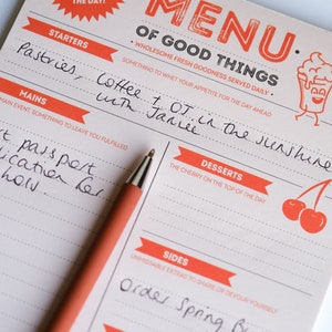 Menu of Good Things notepad, with sections so that you can plan what you need to do each day.