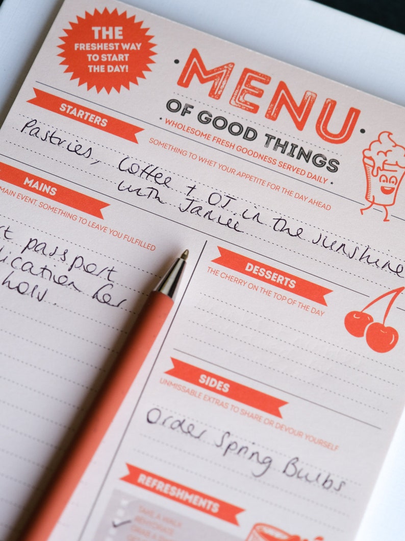 Menu of Good Things notepad, with sections so that you can plan what you need to do each day.