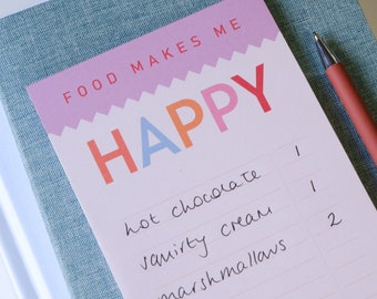 Shopping List Pad - Food Makes Me Happy magnetic list pad - stocking filler, stationery, notepad, list pad, shopping list, well being gift