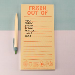 A shopping list pad with lined paper and the title 'Fresh out Of'.